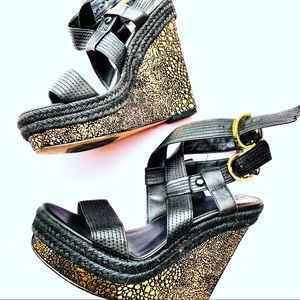 DONALD J PLINER DMSX black gold speckle wedge heels shoes sandal 7.5